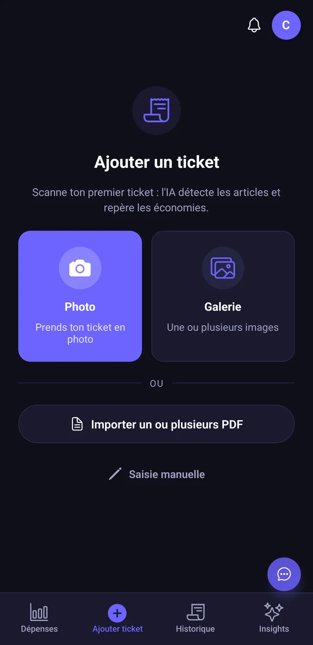 Écran Ajouter un ticket de Budget Me : boutons Photo, Galerie, Importer un PDF et Saisie manuelle